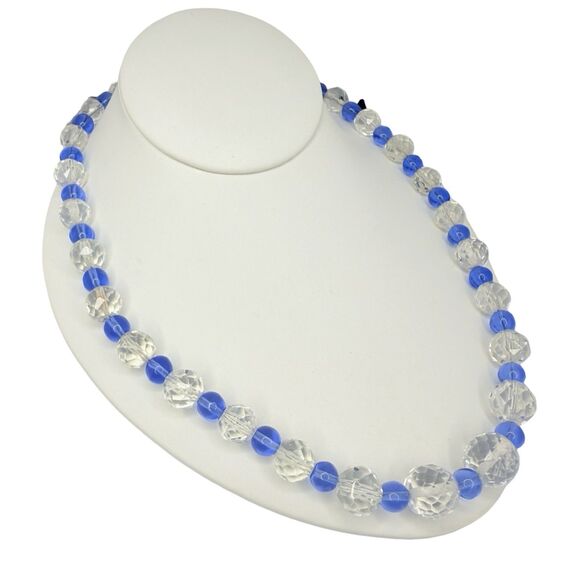 VTG Blue Crystal Glass Beaded Necklace 22” Faceted Graduated Formal Jewelry - Picture 3 of 14